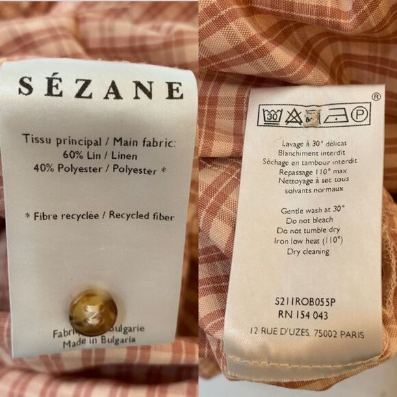 Sezane Jamy Linen Check Shirt Dress Faux Wrap Women 42 Pink Plaid Long Sleeve - Picture 14 of 16